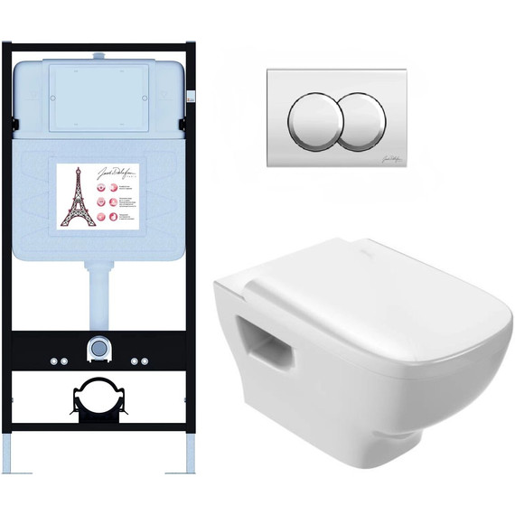 Инсталляция с подвесным безободковым унитазом Jacob Delafon Struktura EDE103-00, сиденье с крышкой микролифт фото 