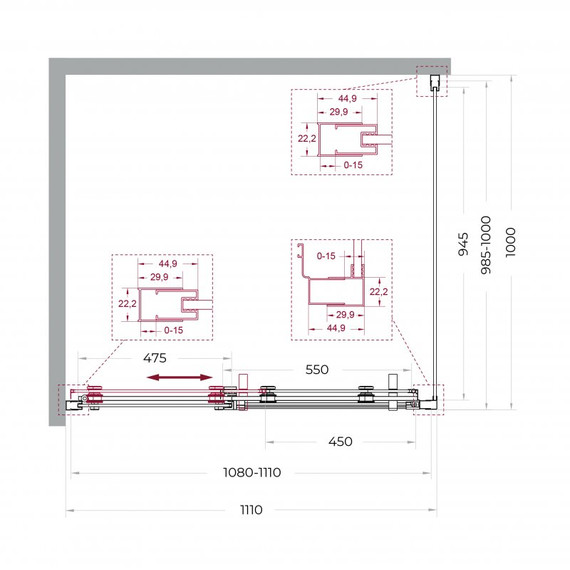 Душевое ограждение BelBagno 110x100 см MARINO-2-AH-1-110/100-C-GM, оружейная сталь/прозрачное фото 7