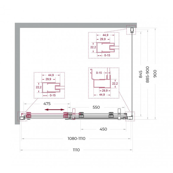 Душевое ограждение BelBagno 110x90 см MARINO-2-AH-1-110/90-C-GM, оружейная сталь/прозрачное фото 7