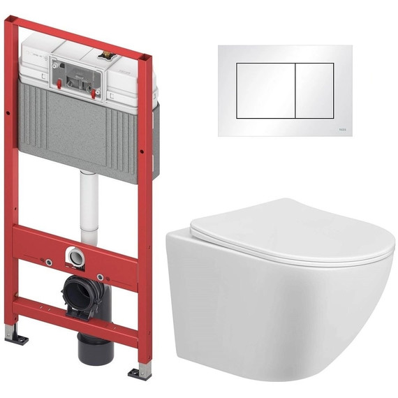 Инсталляция с подвесным унитазом комплект: TECEbase 2.0 9400413 с подвесным безободковым унитазом Taliente Amato AM25010 сиденье микролифт, крепление, кнопка смыва белая фото 