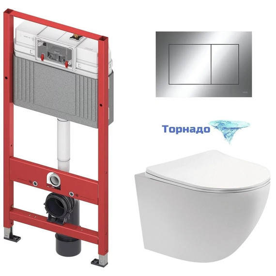 Инсталляция с подвесным унитазом комплект: TECEbase 2.0 9400412 с подвесным безободковым унитазом Aquatek Европа AQ1900T-00 сиденье микролифт, крепление, кнопка смыва хром глянцевый (система смыва Торнадо) фото 