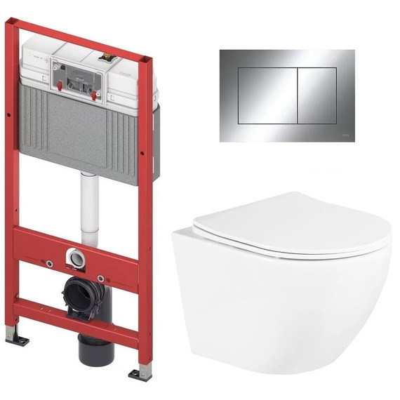 Инсталляция с подвесным унитазом комплект: TECEbase 2.0 9400412 с подвесным безободковым унитазом BelBagno Uno BB3105CHR/SC сиденье микролифт, крепление, кнопка смыва хром глянцевый фото 