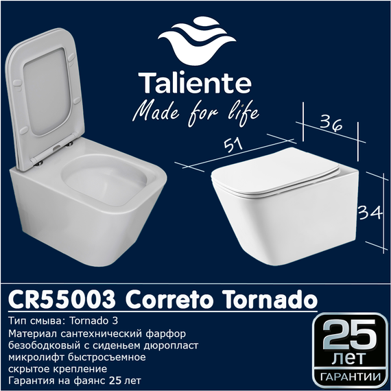 Унитаз подвесной безободковый Taliente Correto Tornado 3 CR55003 с крышкой микролифт (система смыва Торнадо) фото 