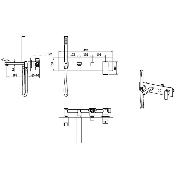 Смеситель для ванны Boheme Qubic 474-2-CB (со скрытой частью) брашированная медь фото 2