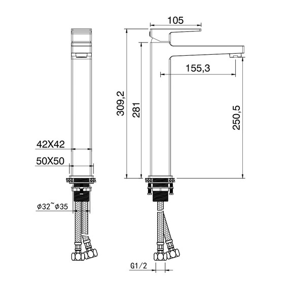 Смеситель для раковины высокий Wonzon & Woghand Cube 2.0 WW-88019068-MB, чёрный фото 7