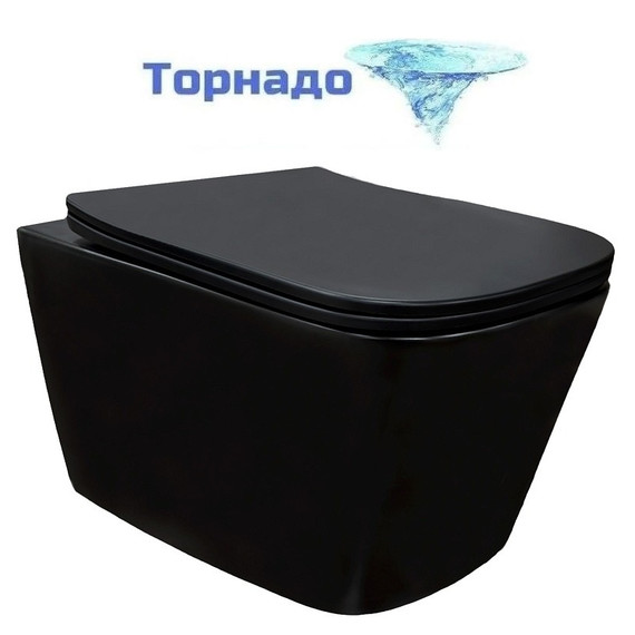 Унитаз подвесной безободковый Azario Cascad-Black AZ-2303A-MB с быстросъемным сиденьем микролифт (система смыва Торнадо) чёрный матовый фото 