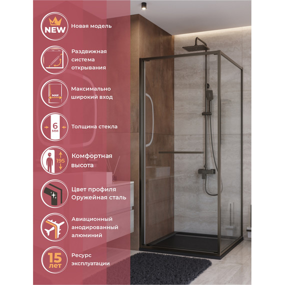 Душевое ограждение Cezares Lux 90x90 см LUX-A-FS-1-90-C-GM, оружейная сталь/прозрачное фото 4