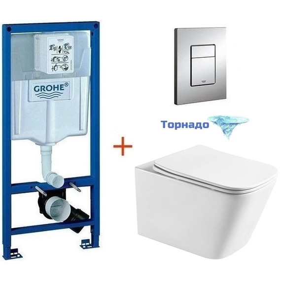 Инсталляция с подвесным унитазом комплект: Grohe Rapid SL 38772001 с подвесным безободковым унитазом Aquatek Либра AQ1505T-00 сиденье микролифт, крепление, кнопка смыва хром (Система смыва торнадо) фото 