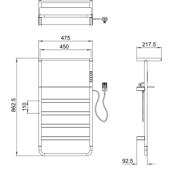 Полотенцесушитель электрический Wonzon & Woghand Düsseldorf с полкой П7 450x862 мм WW-A208-MB, чёрный фото 4
