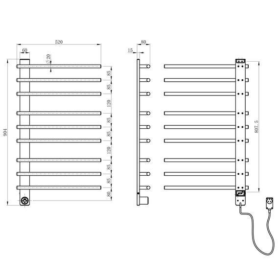 Полотенцесушитель электрический Wonzon & Woghand Nürnberg П9 520x904 мм WW-AL349-GM, темный графит фото 5
