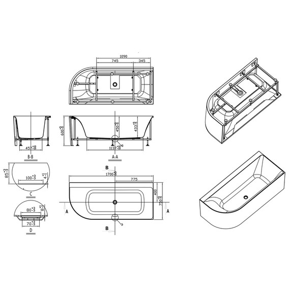 Ванна акриловая Azario Creo Ceramique Mist B 170x75 см AZ-8649-B-1.7, в комплекте с сифоном и металлической рамой фото 3