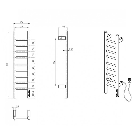 Полотенцесушитель электрический Wonzon & Woghand Bonn П9 218x800 мм WW-AL4092-MB, чёрный фото 5