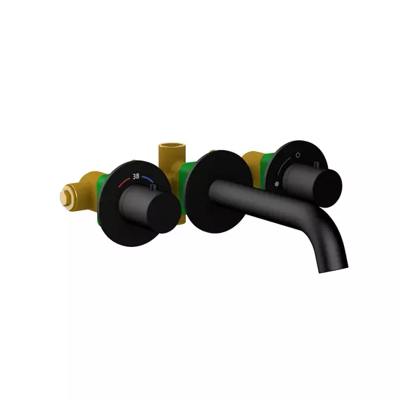 Смеситель для раковины настенный с термостатом Timo Saona 2381/03SM (со скрытой частью) чёрный матовый фото 