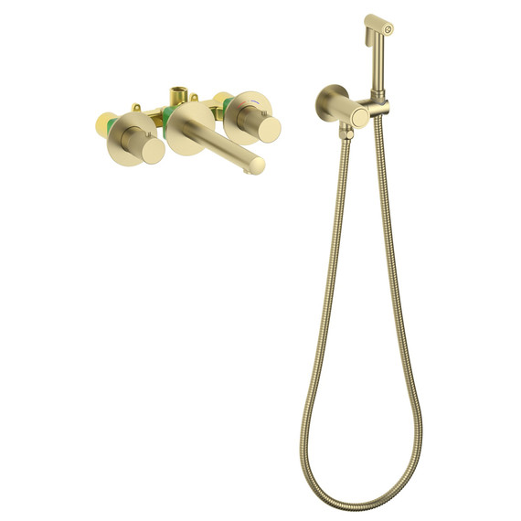 Смеситель для раковины настенный с термостатом и с гигиеническим душем Timo Saona 2383/17SM (со скрытой частью) золото матовое фото 