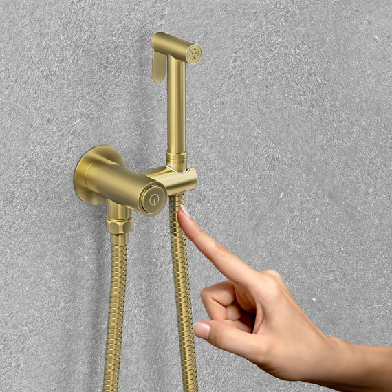 Смеситель для раковины настенный с термостатом и с гигиеническим душем Timo Saona 2383/17SM (со скрытой частью) золото матовое фото 3