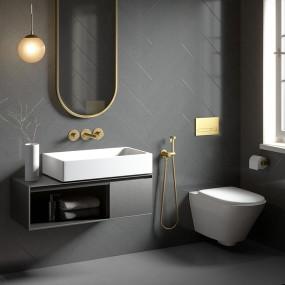 Смеситель для раковины настенный с термостатом и с гигиеническим душем Timo Saona 2383/17SM (со скрытой частью) золото матовое фото 4