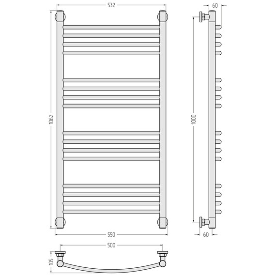 Полотенцесушитель водяной Сунержа Богема+ П16 500x1060 мм (выгнутая перемычка) 071-0221-1050, сатин фото 3