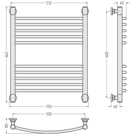 Полотенцесушитель водяной Сунержа Богема+ П10 500x660 мм (выгнутая перемычка) 020-0221-6050, шампань фото 3