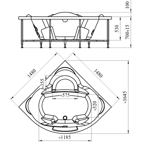 Ванна акриловая Радомир Сорренто 148x148 см (в комплекте каркас и сифон), Размер - мм: 1500х1500 фото 5