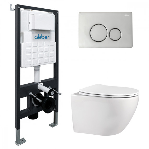 Инсталляция с подвесным унитазом комплект: Abber AC0105 с подвесным унитазом Bequem AC1100 с крышкой микролифт, кнопка смыва AC0121 хром фото 