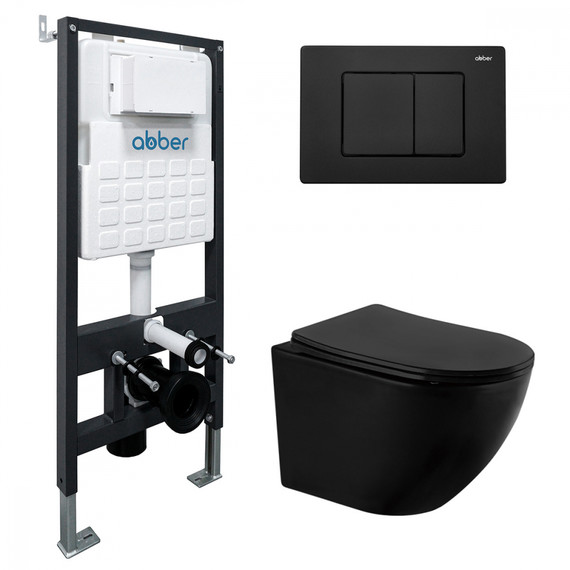 Инсталляция с подвесным унитазом комплект: Abber AC0105 с подвесным унитазом Bequem AC1100MB с крышкой микролифт, кнопка смыва AC0120MB чёрная матовая фото 