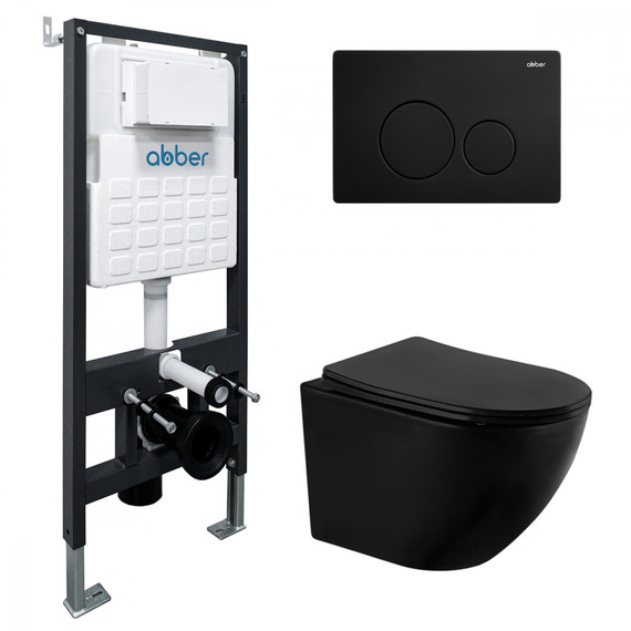 Инсталляция с подвесным унитазом комплект: Abber AC0105 с подвесным унитазом Bequem AC1100MB с крышкой микролифт, кнопка смыва AC0121MB чёрная матовая фото 