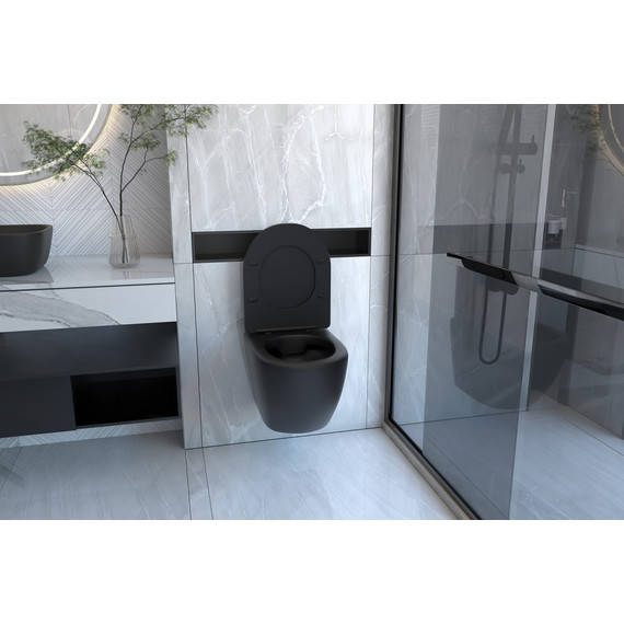 Инсталляция с подвесным унитазом комплект: Abber AC0105 с подвесным унитазом Bequem AC1100MB с крышкой микролифт, кнопка смыва AC0121MB чёрная матовая фото 3