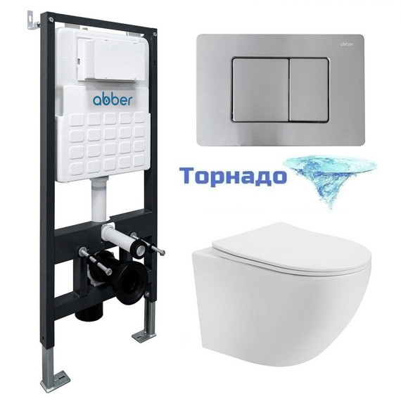 Инсталляция с подвесным унитазом комплект: Abber AC0105 с подвесным унитазом Bequem AC1100T с крышкой микролифт, кнопка смыва AC0120MCH матовый хром (система смыва Торнадо) фото 