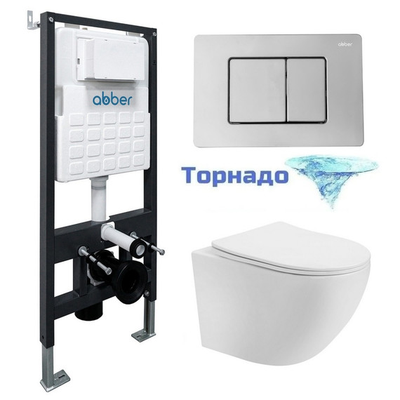 Инсталляция с подвесным унитазом комплект: Abber AC0105 с подвесным унитазом Bequem AC1100T с крышкой микролифт, кнопка смыва AC0120 хром (система смыва Торнадо) фото 