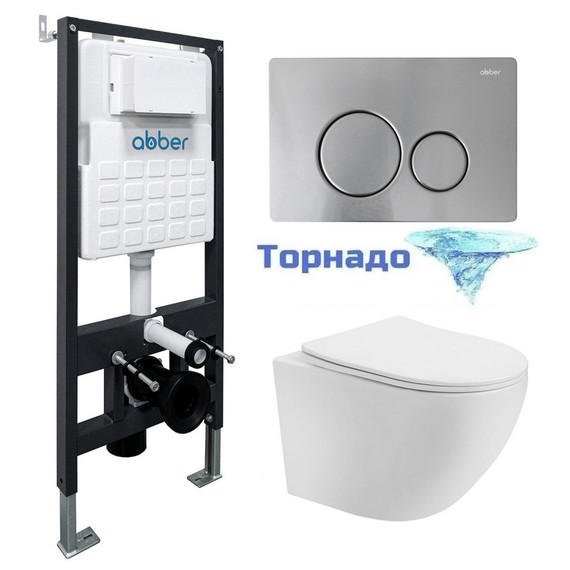 Инсталляция с подвесным унитазом комплект: Abber AC0105 с подвесным унитазом Bequem AC1100T с крышкой микролифт, кнопка смыва AC0121MCH матовый хром (система смыва Торнадо) фото 