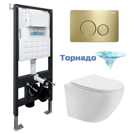 Инсталляция с подвесным унитазом комплект: Abber AC0105 с подвесным унитазом Bequem AC1100T с крышкой микролифт, кнопка смыва AC0121MMG золото матовое (система смыва Торнадо) фото 