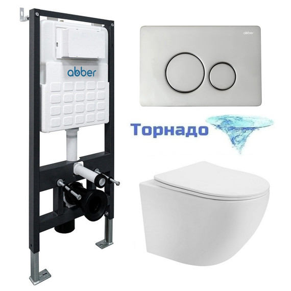 Инсталляция с подвесным унитазом комплект: Abber AC0105 с подвесным унитазом Bequem AC1100T с крышкой микролифт, кнопка смыва AC0121 хром (система смыва Торнадо) фото 