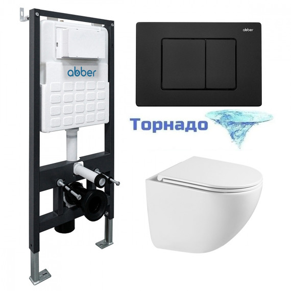 Инсталляция с подвесным унитазом комплект: Abber AC0105 с подвесным унитазом Bequem AC1131TC с крышкой микролифт, кнопка смыва AC0120MB чёрный матовый (система смыва Торнадо) фото 