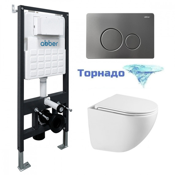 Инсталляция с подвесным унитазом комплект: Abber AC0105 с подвесным унитазом Bequem AC1131TC с крышкой микролифт, кнопка смыва AC0121NG никель (система смыва Торнадо) фото 