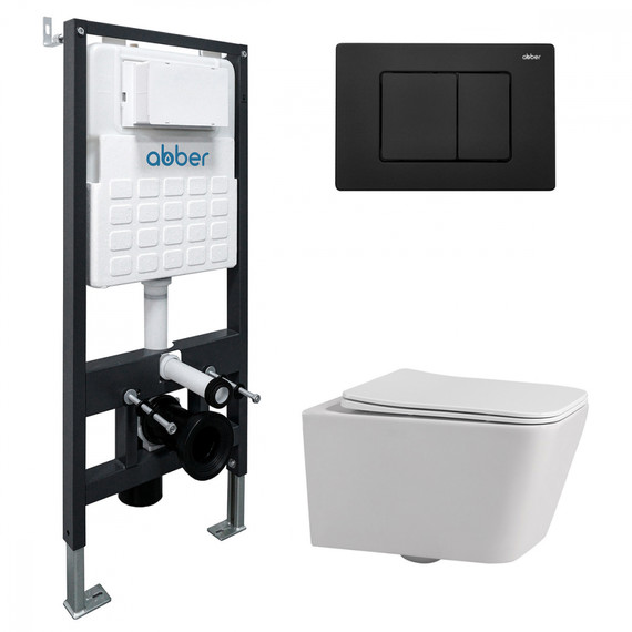 Инсталляция с подвесным унитазом комплект: Abber AC0105 с подвесным унитазом Rechteck AC1201 с крышкой микролифт, кнопка смыва AC0120MB чёрный матовый фото 
