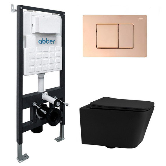 Инсталляция с подвесным унитазом комплект: Abber AC0105 с подвесным унитазом Rechteck AC1201MB с крышкой микролифт, кнопка смыва AC0120RG золото розовое фото 
