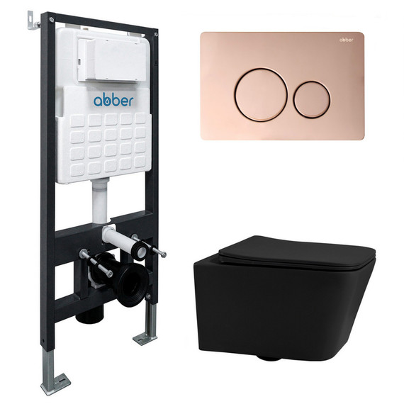 Инсталляция с подвесным унитазом комплект: Abber AC0105 с подвесным унитазом Rechteck AC1201MB с крышкой микролифт, кнопка смыва AC0121RG золото розовое фото 
