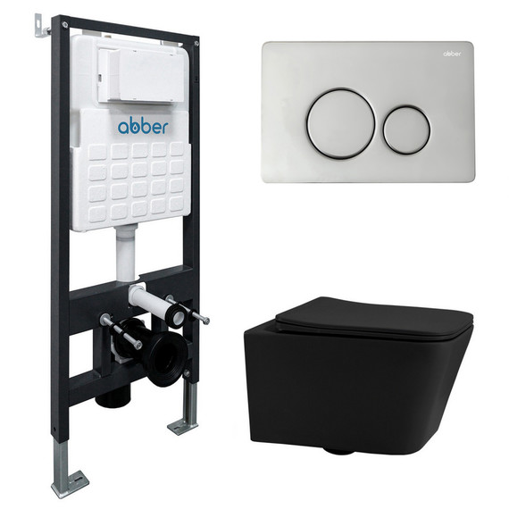 Инсталляция с подвесным унитазом комплект: Abber AC0105 с подвесным унитазом Rechteck AC1201MB с крышкой микролифт, кнопка смыва AC0121 хром фото 