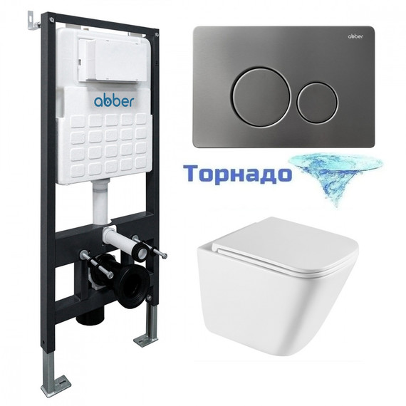 Инсталляция с подвесным унитазом комплект: Abber AC0105 с подвесным унитазом Rechteck AC1219TC с крышкой микролифт, кнопка смыва AC0121NG никель (система смыва Торнадо) фото 