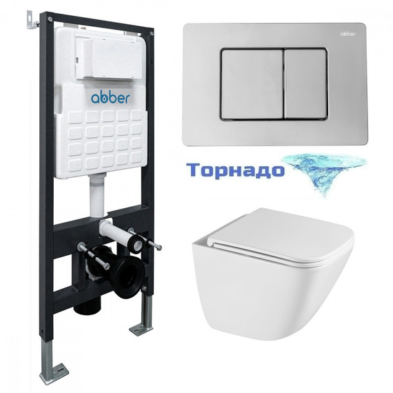 Инсталляция с подвесным унитазом комплект: Abber AC0105 с подвесным унитазом Rechteck AC1220TC с крышкой микролифт, кнопка смыва AC0120 хром глянцевый (система смыва Торнадо) фото 
