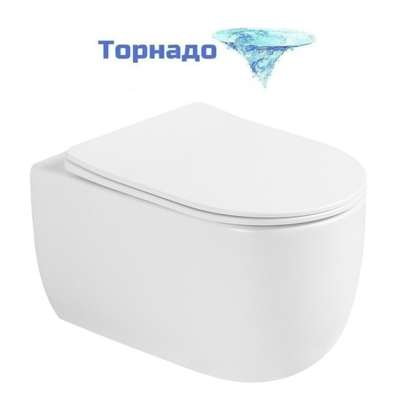 Унитаз подвесной безободковый Abber Bequem AC1104TMW с тонкой крышкой микролифт (система смыва Торнадо) белый матовый фото 