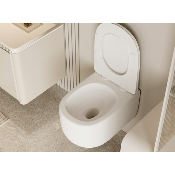 Унитаз подвесной безободковый Abber Bequem AC1104TMW с тонкой крышкой микролифт (система смыва Торнадо) белый матовый фото 9