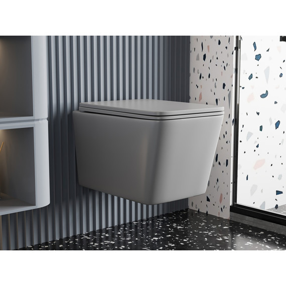 Унитаз подвесной безободковый Abber Rechteck AC1201MG с тонкой крышкой микролифт, серый матовый фото 7