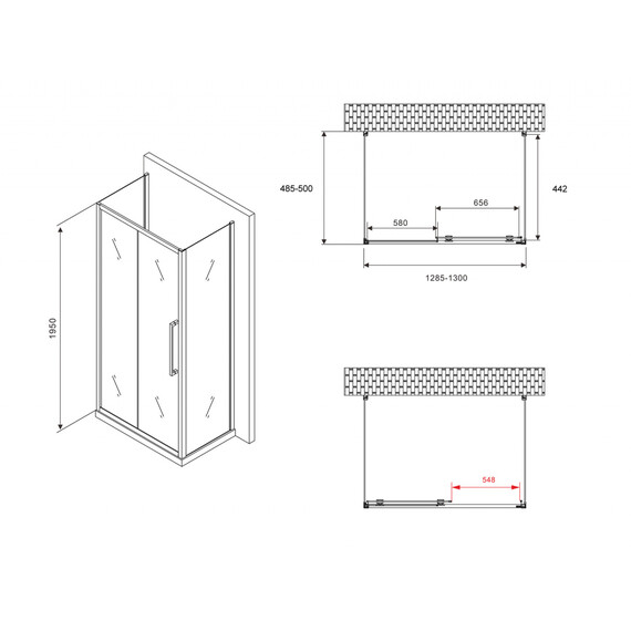 Душевое ограждение Abber Schwarzer Diamant 130х50 см AG30130BH-S50B-S50B, чёрный/прозрачное фото 18
