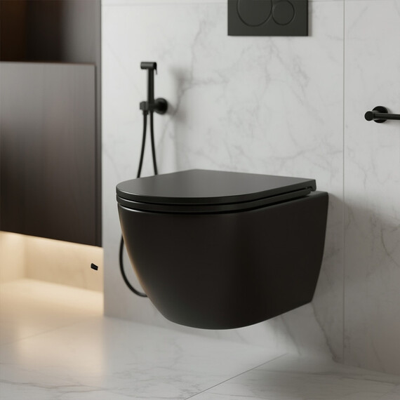 Унитаз подвесной безободковый Azario Ines Black AZ-W03-SB с тонкой крышкой микролифт (система смыва Торнадо) чёрный матовый фото 10