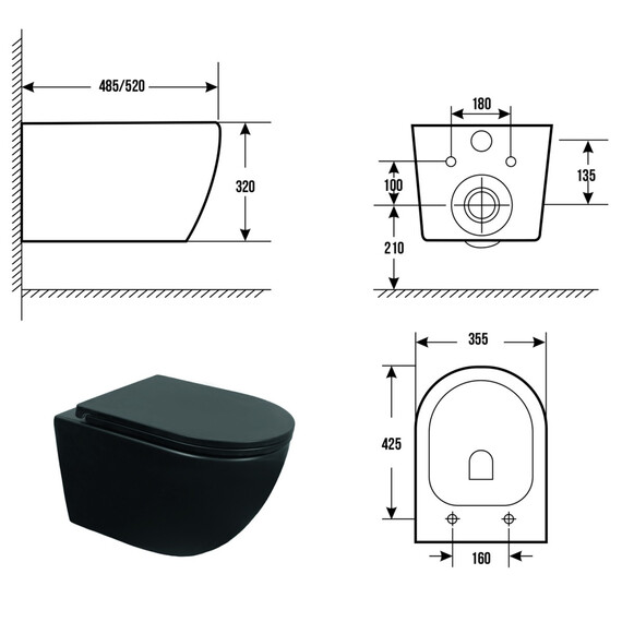 Унитаз подвесной безободковый Azario Ines Black AZ-W03-SB с тонкой крышкой микролифт (система смыва Торнадо) чёрный матовый фото 12