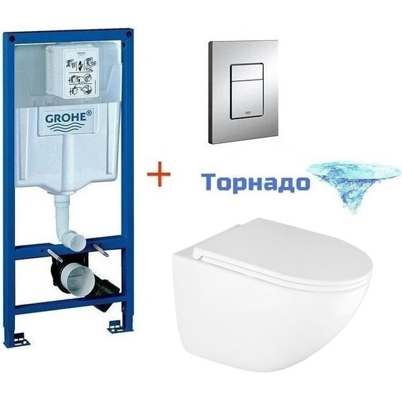 Инсталляция с подвесным унитазом комплект: Grohe Rapid SL 38772001 с подвесным безободковым унитазом Azario Trevi AZ-0093UQ3 TORNADO сиденье микролифт, крепление, кнопка смыва хром фото 