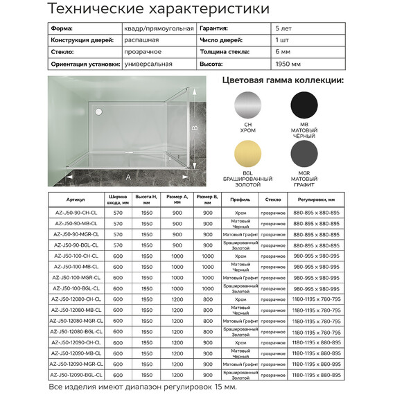 Душевое ограждение Azario MALE 100х100 см AZ-J50-100-MGR-CL, графит матовый/прозрачное фото 8
