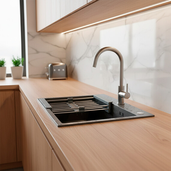 Кухонная мойка Azario Nicole AZG5050H (сифон, дозатор и коландер в комплекте) серый соты фото 10