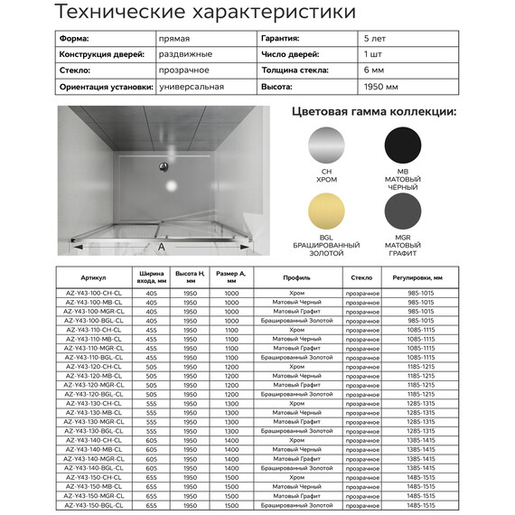 Душевая дверь Azario SHANGHAI 100 см AZ-Y43-100-MGR-CL, графит матовый/прозрачное фото 8